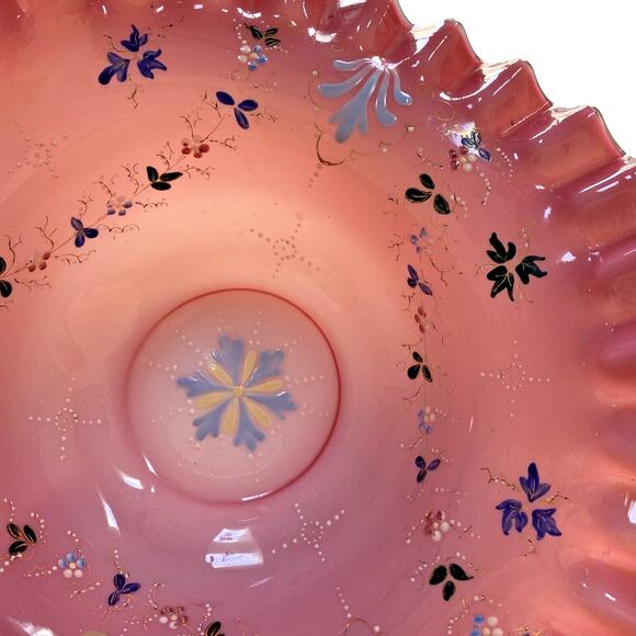 Victorian Brides Basket Bristol? Glass Cranberry Pink & White Bowl Enamel Design - Picture 4 of 10